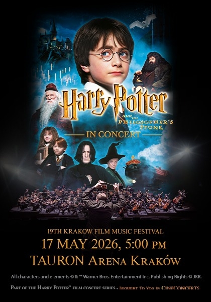 Grafika w ciemnym kolorze przedstawiająca głównych bohaterów filmu Harry Potter