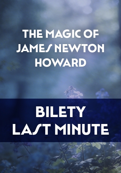 Grafika przedstawia zbliżenie na niebieskie kwiaty w zamglonym lesie oraz biały napis The Magic of James Newton Howard